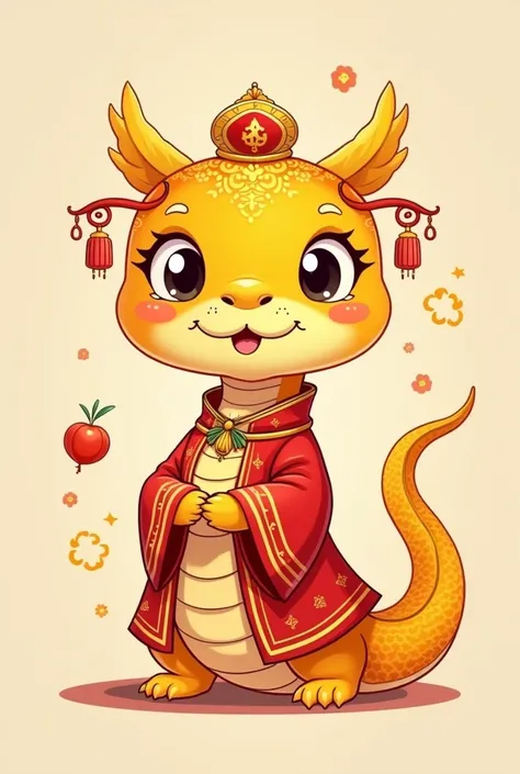 cute snake，gold colours，have Chinese new year style，wear god of wealth clothes，simple art，cartoon，line art