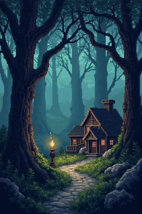 Dark fantasy pixel art of a village, high resolution, trees