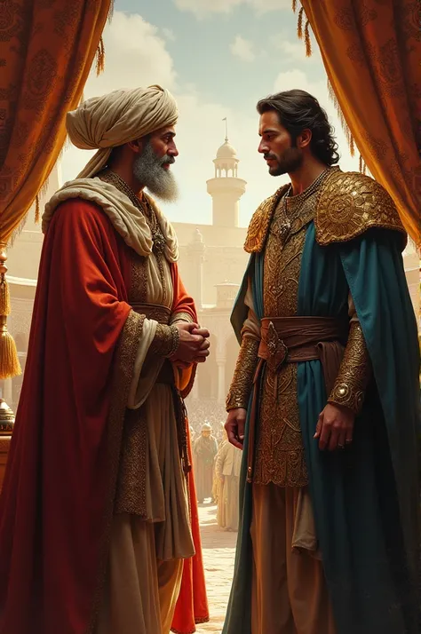 Salahuddin and Richard the Lionheart: A diplomatic meeting between Salahuddin and Richard the Lionheart, showing respect between the two leaders during the Third Crusade.