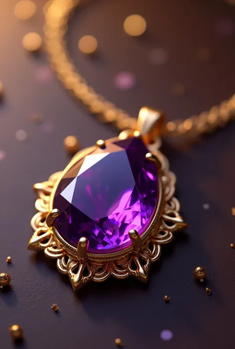 A golden necklace with a beautiful purple jewel in the middle 