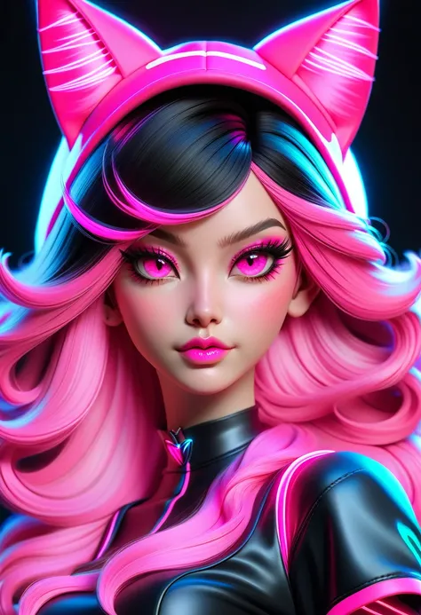 A woman in a black and pink neon outfit. She has a neon pink hat with cat ears and her hair is natural red. Close-up of the face.  Masterpiece, 4K, realistic, awesome, great, anatomically correct