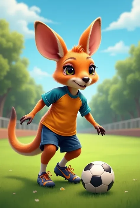 A child kangaroo who is playing soccer has soccer shoes and sportswear 
