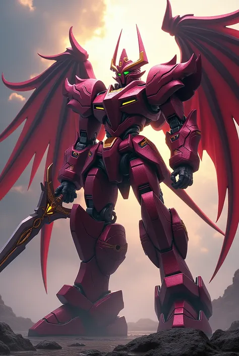 masterpiece, wine colored mecha robot with a large sword with dragon wings 