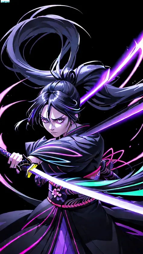 Black background Woman holding a sword Neon color line art Dynamic movement Dual glow Photorealism Computer art Graphic art Neon color Line A woman fighting in a kimono Long hair in a ponytail