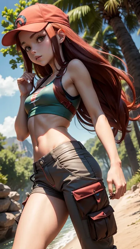 NSFW, pokemon trainer, female, long dark red hair, small teen, slim, bikini top, cargo pants, 