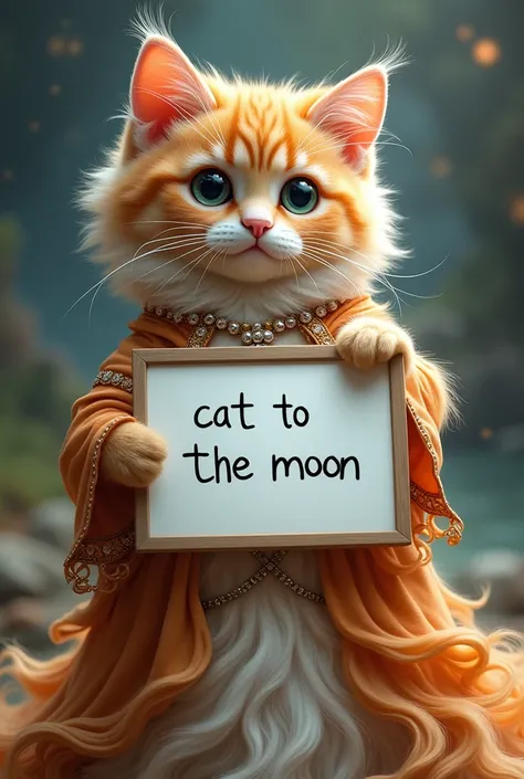 Beautiful cat with wavy long hair, bohemian dress, holding a white board with text "Cat to the moon " and showing it to the viewer