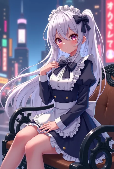 An anime girl in a maid outfit sits on a bench with a city in the background., Best 4k anime wallpaper konajang, Detailed Details. Vanguard Girl, Haha, from Vanguard Girl, From the video game Azur Lane, Nightcore, Azure Lane Style, Super cute yaoi anime gi...