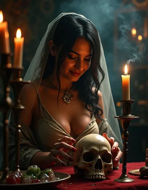 In a dimly lit fortune-telling hut tucked away in a corner of the carnival, in a private room filled with incense, a sexy fortune teller, a beautiful and alluring gypsy woman wearing a thin shawl and hiding her mouth with a thin veil, looked into a siniste...