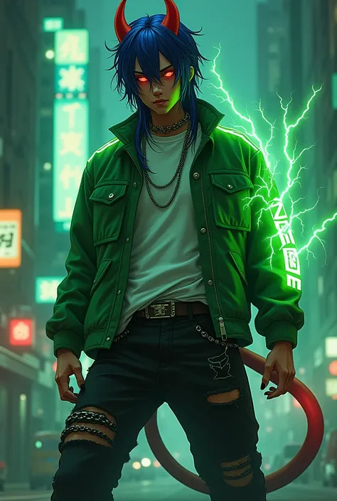 Male demon age 18, american, long blue hair visual kei, black sclera, red glowing eyes, cute sight, orange skin, red horns, demon tail, green casual jacket, white tshirt, black , dark blue jean pants, green lightning powers, chains around the belt, leather...