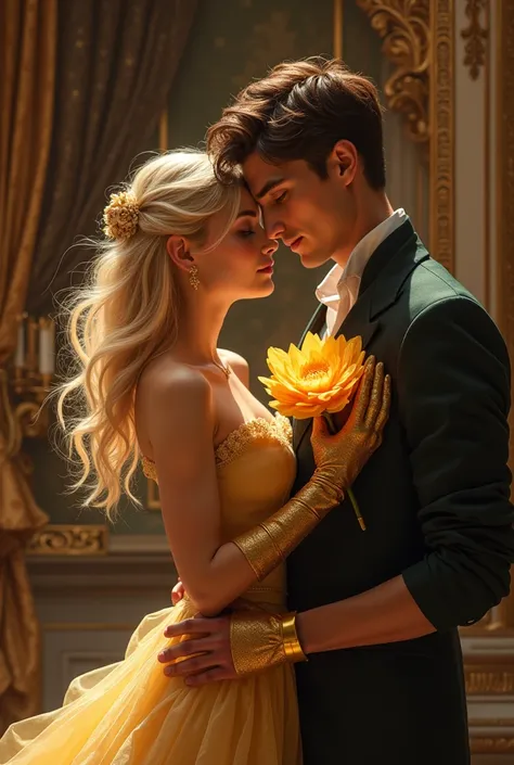 young woman, blonde, holding flower with golden petals, golden gloves, luxury, handsome young man, passionate, protective