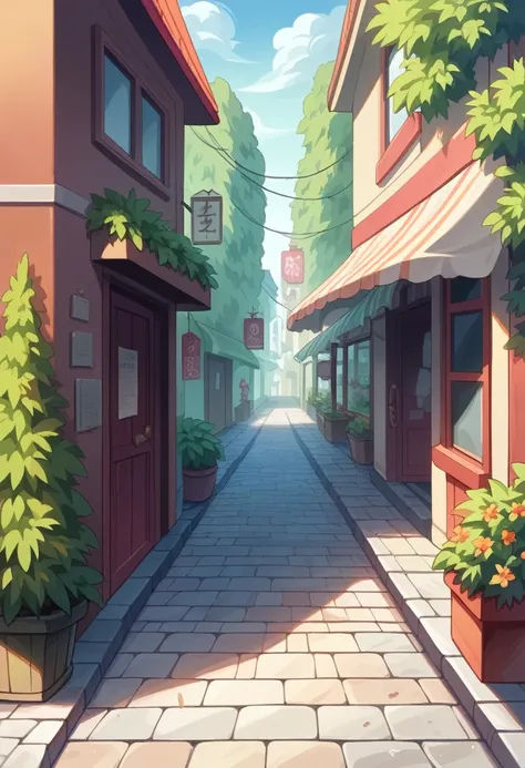 Morning haze, A nostalgic shopping street, Cobblestones, Sunlight filtering through the trees, Wooden buildings, Red roof, Faded signboard, 「Candy」Character, goodwill, Glass door, Warm light leaking from inside the store, Radio exercise sound, Birds chirpi...