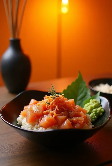 japanese food, instagram picture,  Light orange color, There is sticky rice placed next to it, in the restaurant