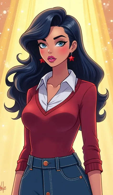 (Close up), (Close up from top of head to bottom of thigh) ((Diana Prince from DC Super Hero Girls 2019)), Diana is a slender, beautiful and tall and tan-skinned young Amazonian demigod with an athletic and fit hourglass figure, thick black eyebrows, sky-b...