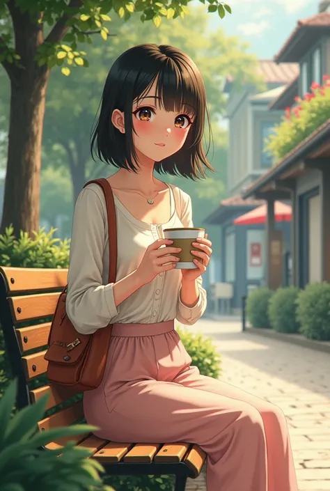  a woman sitting on a bench with a cup of coffee, artwork in the style studio ghibli, realistic anime 3 d style, anime realism style, realistic anime artstyle, painted in anime painter studio, in an anime style, realistic anime art style, in anime style, d...