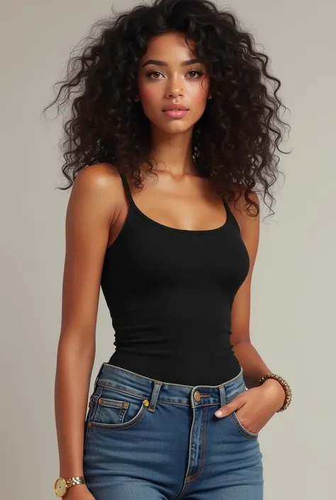 one with curly hair with black hair highlights and her hair is red, She is tall, She is brunette, has light brown eyes, she is thin and has beautiful eyelashes, She is wearing a black tank top and jeans , She has a gold-colored watch on her right hand