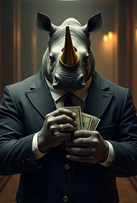 A stylish mafia rhino in a suit with a gold ring and holding money 