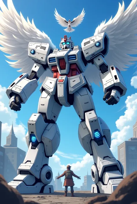 a huge humanoid fighting machine, massive build white color with large fluff with blue inserts, angel-like figure aiming from the roof, anime style
