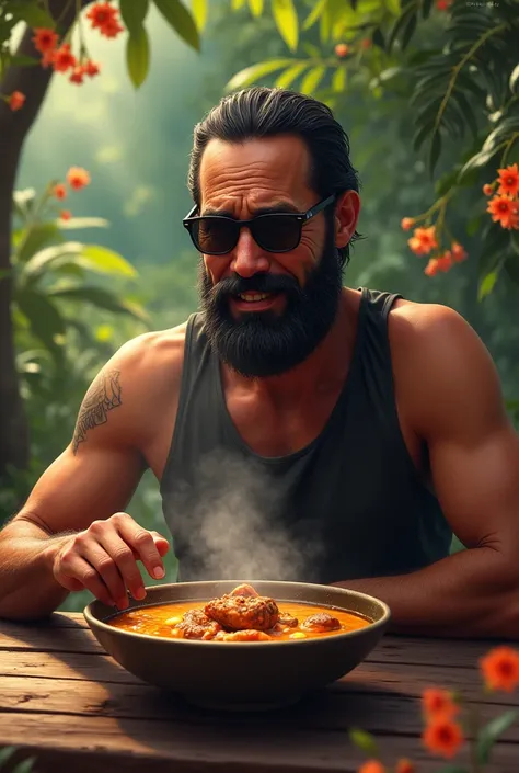 create the image of a man with a beard and short black hair wearing sunglasses eating capybara stew