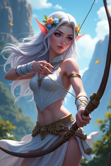 A beautiful elf with long shiny silver hair, a flower crown, and a bow in her hand, Telonat in AoV.