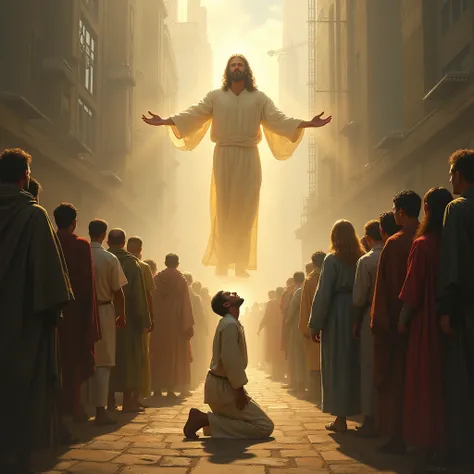 a person kneeling on the ground in the middle of a crowd, and Jesus in front of you calling you to salvation in the time of 2024