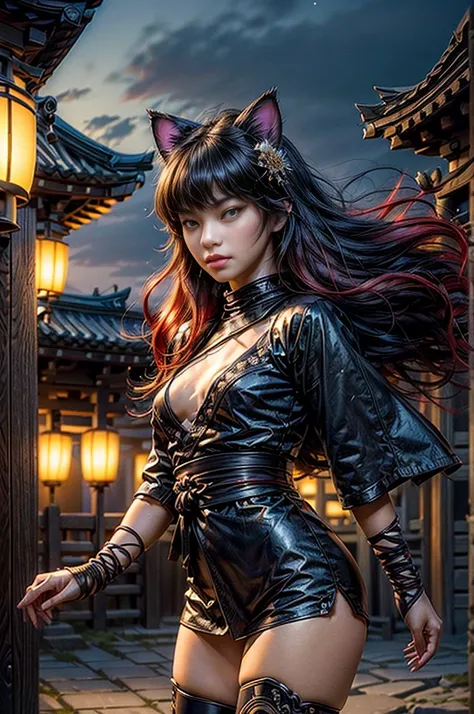 (masterpiece, best quality:1.2), cowboy shot, blake belladonna, cat ears, expressionless, closed mouth, hair flower, hair ornament, japanese_clothes, thighhighs kimono, long_hair, multicolored_hair, night, stars, obi, red_eyes, red_hair, sash, standing in ...