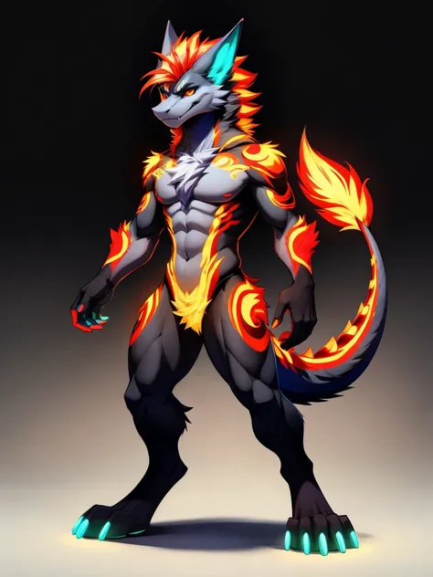 furry, furred dragon, male, view 3/4 front view,
25yo, (((fullbody))), standing, looking foreward, 
vibrant multicolored fur, (darkgrey body:1), (lightgrey chest:1)),
(multicolor hairs, multicolor tail, multicolor patterns:1 (cyan:0.4, magent:0.3 and red:0...