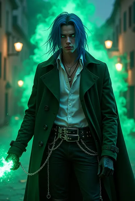 Male vampire age 18, american, long blue hair visual kei, blue glowing eyes, sexy sight, pale skin, green casual jacket, white spain gothic age shirt, black vampire cape , dark black jean pants, green fire powers, chains around the belt, leather boots with...