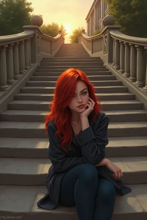 a girl in her 20s with long red hair with a hand covering her face. sitting on a staircase with long college steps. at dusk