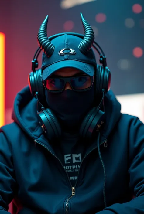 An Afro-descendant League of Legends player wearing a mask, very dark glasses and headphones with an Oakley Medusa cap and an evil face


