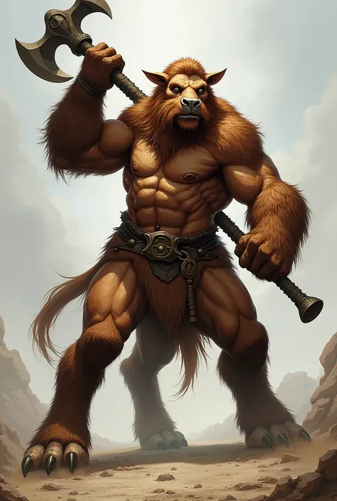 Pathfinder Four-Legged Barbarian Centaur, Man&#39;s face, axe and brown fur. Pathfinder art style. D&D art style. 