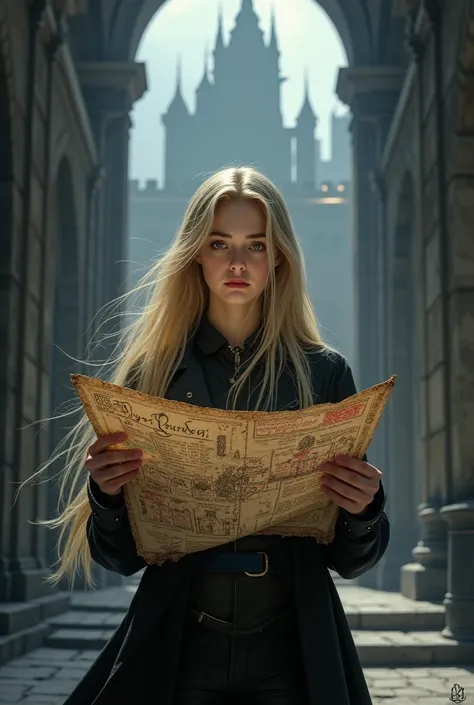 A character card, Shadowhunters style. a young woman with long blond hair and a worried expression. She holds a detailed map, with intricate details and red markings. His outfit is black and modern, with details that refer to the mystical world. She seems ...