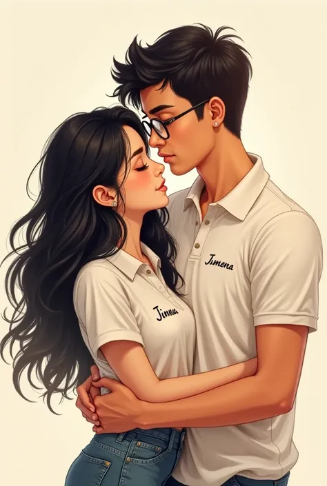 couple in love, the girl with long black hair on the polo shirt her name "Jimena" and the boy with black hair and glasses on the polo shirt his name "Ramiro", in drawing

