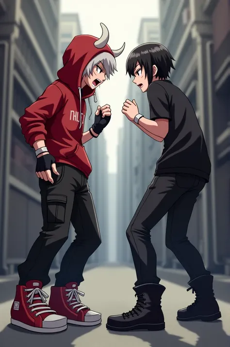 A dude with red hoodie, red ushanka hat with white horns, black fingerless gloves, long sleeve shirt, black cargo trousers, and red sneakers fighting a guy with black Center Parted Hair, emo black shirt, black shoes, red eyes, with a little cross tattoo un...