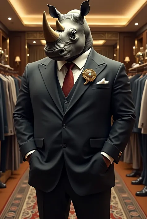 A stylish mafioso rhino in a suit with a gold ring in a fancy clothing store