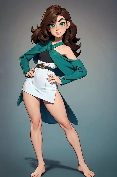 young woman, gci pixar and cartoon style, full body anatomy, shoulder length curly hair, bare front, brown hair, heterochromia, left eye brown, right eye green, freckles, circular glassess, thick eyebrow, white skin, bare legs, piercing in left ear, raised...