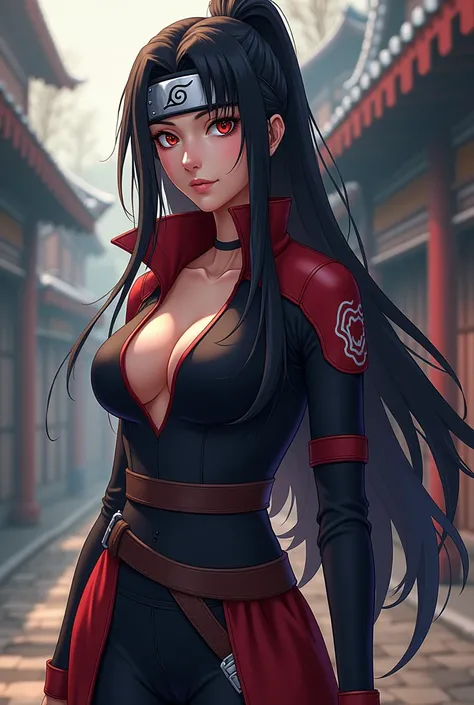 High-quality anime Naruto style female shinobi with black long hair drown eyes and big breast full body view 