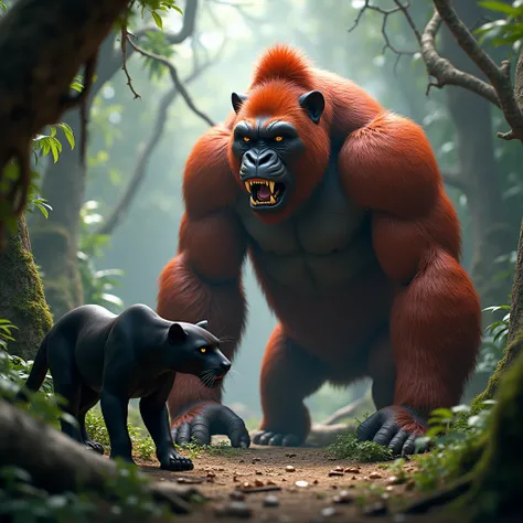 A big, red-furred gorilla faces a panther. Realistic.