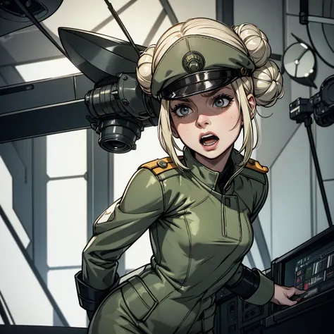 fashion photography of frightened screaming pretty blonde girl in olive gray imperialofficer uniform and hat with brim, hair in small tight bun, smooth pale white skin, sci-fi Death Star control room, sharp focus, dlsr, ultra sharp, professional Photograph...