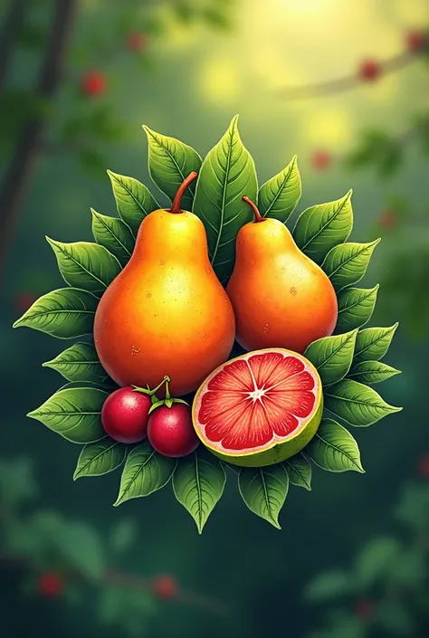 A logo of the camu camu and arandú fruits of the Peruvian Amazon, for a creative and beautiful undertaking,  What above says "fruits originating in the Peruvian Amazon " more beautiful and creative in circle 