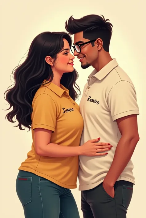 Couple of boyfriends, The chubby girl not obese with long black hair on the polo her name "Jimena" and the boy with black hair and glasses on the polo shirt his name "Ramiro", in drawing

