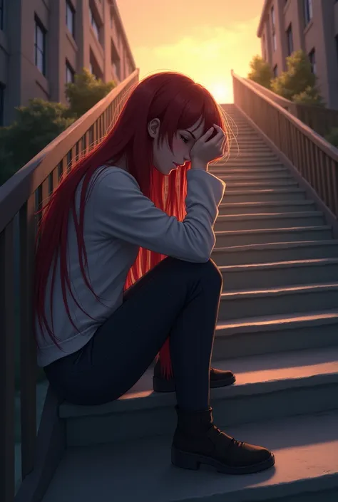 a girl in her 20s with long red hair with a hand covering her face with her head down. sitting on a staircase with long college steps. at dusk