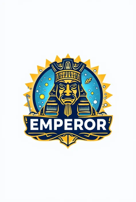 Cleaning products logo with an Aztec crown Put the name EMPEROR Put blue colors, yellow and white Add a broom, Bubbles, soaps and detergents