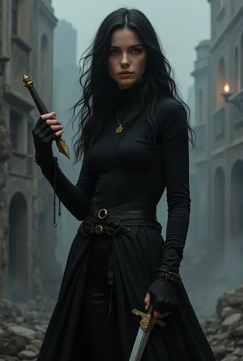 A character card, Shadowhunters style. A young woman with long black hair and a determined expression. She holds a small, antique dagger with gold details., with a dark wooden handle and a thin, sharp blade. His outfit is black and modern, with details tha...