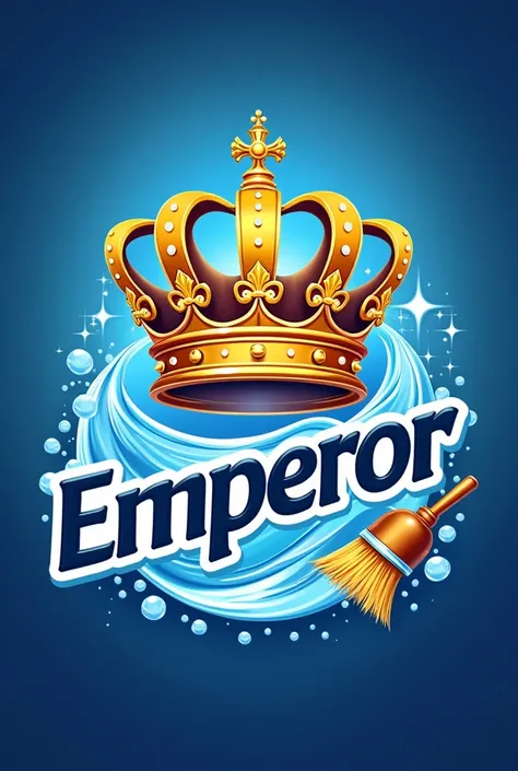 Cleaning products logo with a big crown Put the name EMPEROR Put blue colors, yellow and white Add a broom, Bubbles, soaps and detergents