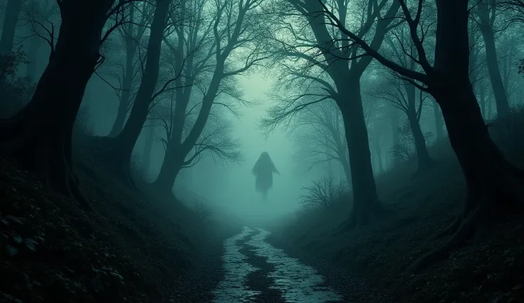 "A dark, narrow forest trail, with strange shapes moving between the trees, barely visible in the twilight."