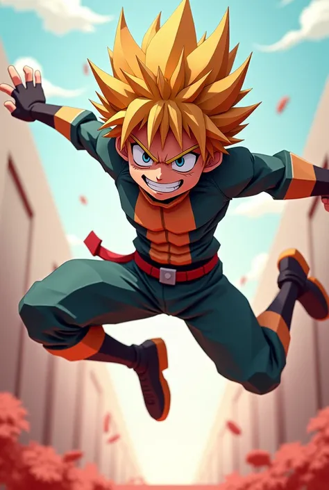 bakugou katsuki jumping with his hands back, smiling in papercraft
