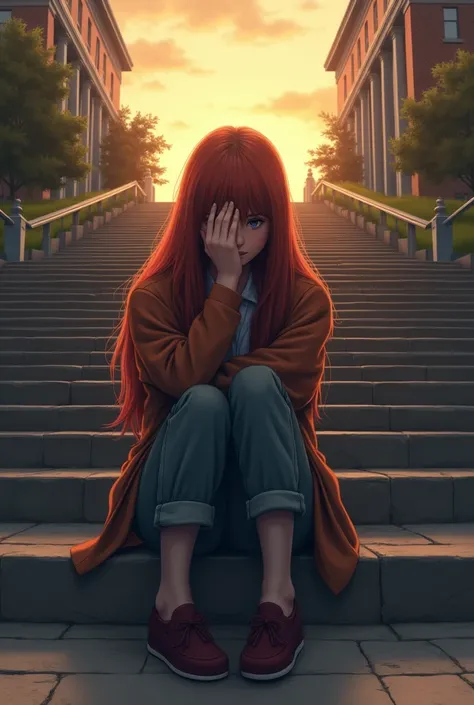 a girl in her 20s with long red hair with a hand covering her face with her head down. sitting on a staircase with long college steps. at dusk. by closer