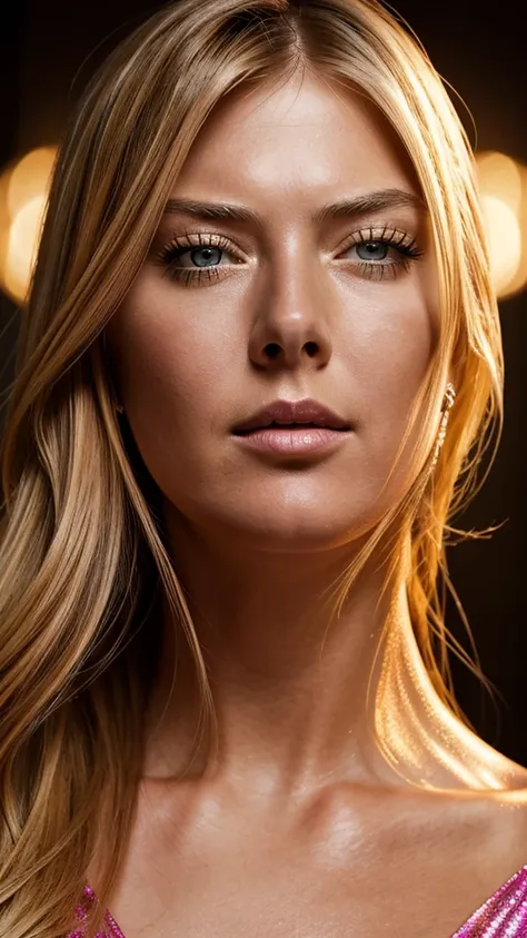 maria sharapova, exquisite detailed facial features, high cheekbones, full lips, long lashes, glamorous hairstyle, flawless skin, elegant pose, dramatic lighting, cinematic camera angle, high fashion editorial, editorial style, vibrant colors, glossy, mast...