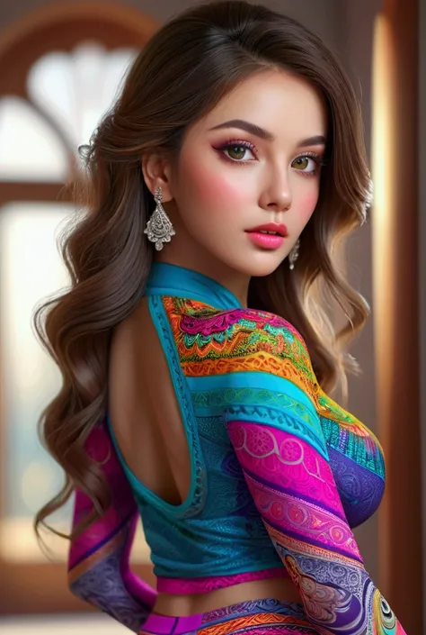 a sexy woman with colorful clothes and leggings that accentuate her butt, beautiful detailed eyes, beautiful detailed lips, extremely detailed eyes and face, long eyelashes, photorealistic, 8k, masterpiece, hyper detailed, vibrant colors, dramatic lighting...