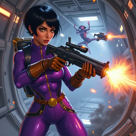 Illustrate Space Nisha, the female space adventurer, engaged in an intense shootout with alien enemies inside the metallic, futuristic interior of a spaceship. She is wearing her shiny, deep vibrant purple bodysuit with a wide gold stripe down the front, h...